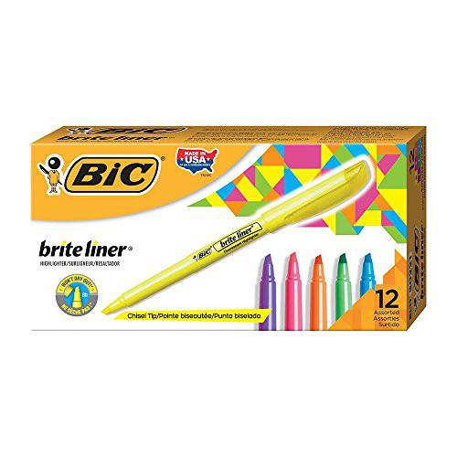 BIC BICBL11AST 브라이트 라이너 형광펜,하이라이터 형광펜팁 형광펜촉 누운촉 누운팁 다양한 컬러 12-Count