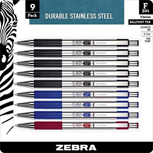 Zebra F-301 볼펜, 스테인레스 스틸 개폐식 펜, 파인포인트팁  가는심 가는촉, 0.7mm, 다양한색 잉크, 9-Count : Black, Blue, Red