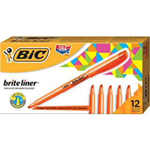BIC 브라이트 라이너 형광펜,하이라이터 형광펜팁 형광펜촉 누운촉 누운팁 주황색 12-Count