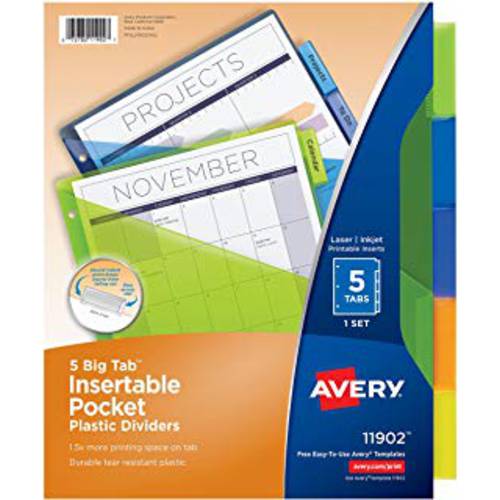 Avery 플라스틱 5-Tab 바인더 디바이더 포켓, 삽입가능 다양한색 큰 탭, 1 세트 (11902)