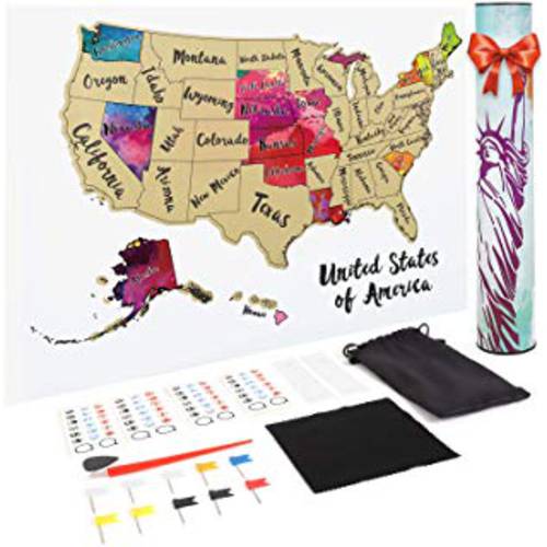JARLINK  스크레치 Off USA 맵 포스터,그림,사진, 12x17 인치 미국 맵 독특한 악세사리 세트, 개인설정가능한 여행용 포스터,그림,사진, 선물 여행자