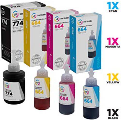 LD 호환가능한 잉크 병 교체용 Epson 774& Epson 664 (1 블랙, 1 Cyan, 1 Magenta, 1 Yellow, 4-Pack)