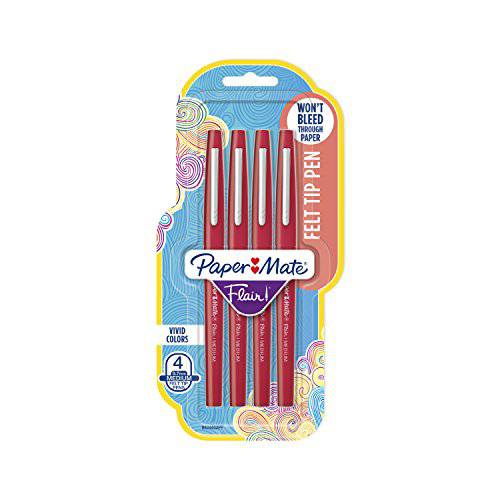PaperMate Flair 펠트 팁 Pens,펜 미디엄,중간 Point 0.7mm Red 4 Count