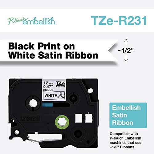 Brother P-touch Embellish 블랙 프린트 on 화이트 세틴 리본 TZER231  ½” 와이드 x 13.1’ 롱 사용 P-touch Embellish 리본&  테이프 프린터