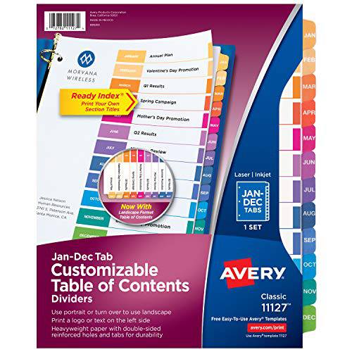 Avery Jan-Dec 탭 디바이더 3 링 바인더, 맞춤형 테이블 of Contents, 다양한색 탭, 1 세트 (11127)