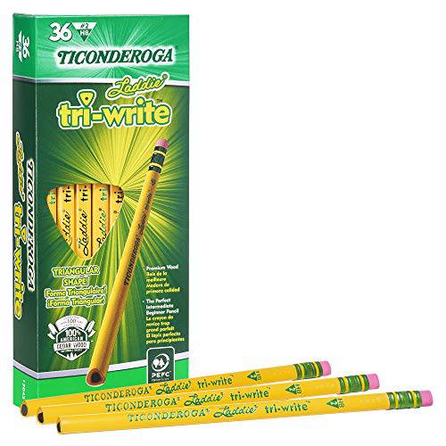 Ticonderoga Laddie Tri-Write 연필, Wood-Cased 2 HB 소프트, 중급자용 사이즈 삼각형 지우개, Yellow, 36-Pack (13042)