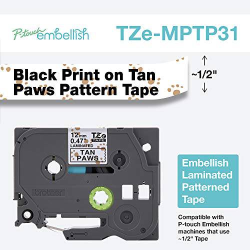 Brother P-touch Embellish 블랙 프린트 on Tan 앞발 패턴화 테이프 TEMPTP31  ~½” 와이드 x 13.1’ 롱 사용 P-touch Embellish 리본&  테이프 프린터