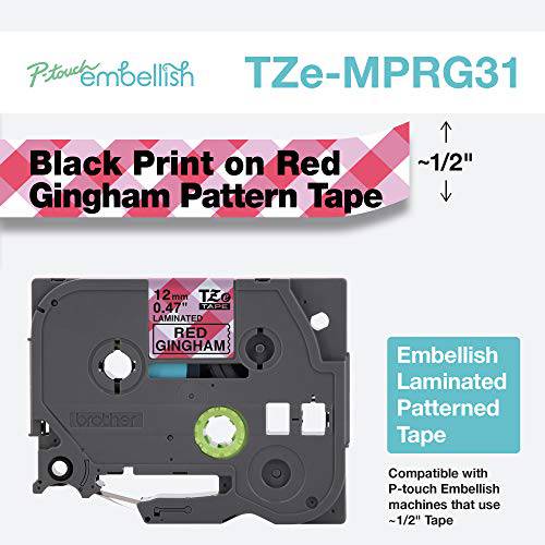 Brother P-touch Embellish 블랙 프린트 on 레드 Gingham 패턴화 테이프 TZEMPRG31  ~½” 와이드 x 13.1’ 롱 사용 P-touch Embellish 리본&  테이프 프린터