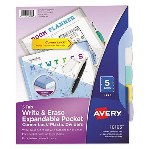 Avery 16183 Write& Erase 큰 탭 플라스틱 디바이더, 5-Tab w/ 모서리 잠금& Exp 포켓, 레터