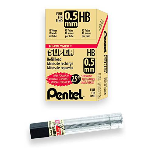 Pentel SUPER Hi-Polymer 하이폴리머 샤프심 리필, 0.5mm, 파인 가는, HB, 144 Pieces of Lead (C505-HB)