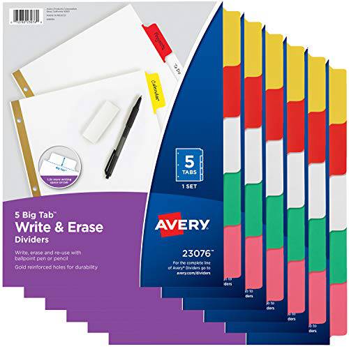 AVERY 5-Tab 바인더 디바이더 Write Erase 다양한색 큰 탭 6 세트 23076