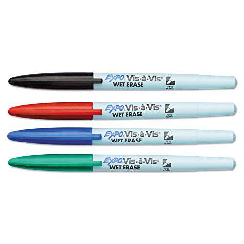 Expo Vis-a-Vis Wet-Erase 마커,  파인포인트팁, 가는 심, 가는 촉, 4-Color 세트 (SAN16074)