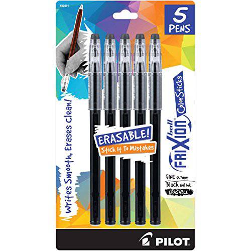 PILOT FriXion ColorSticks 지울수있는 젤 잉크 스틱 Pens,펜 파인포인트팁, 가는 심, 가는 촉 Black 잉크 5-Pack 32441