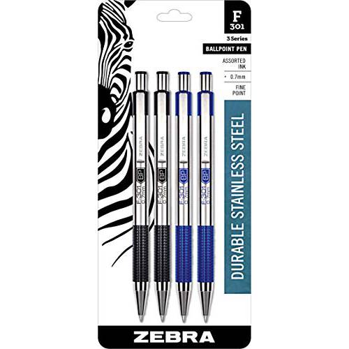 Zebra Pen s 파인포인트팁, 가는 심, 가는 촉 F 301, 콤보 팩 of 2 블랙 잉크& 2 블루 잉크 메탈 펜 (Total of 4 펜), 볼펜 스테인레스 스틸 개폐식 0.7mm 파인포인트팁, 가는 심, 가는 촉 잉크 펜