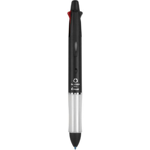 PILOT Dr. Grip 4+1 다기능 리필가능 & 개폐식 볼펜 + 샤프 펜슬, 파인포인트팁 가는심 가는촉, Black 배럴, Black/Red/Blue/Green 잉크, 싱글 펜 (36220)
