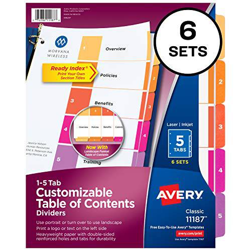 Avery 5-Tab 디바이더, 3링 3공 바인더용, 사용자 맞춤형 목차설정, 다양한색 탭, 6세트 (11187)