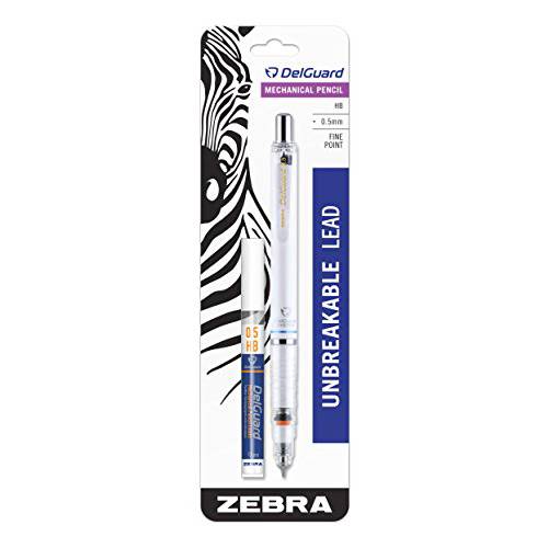 Zebra Pen DelGuard 샤프, 샤프 펜슬 보너스 심 리필,  파인포인트팁, 가는 심, 가는 촉, 0.5mm 포인트 사이즈, 스탠다드 2 HB 심, 화이트 배럴, 1-Pack
