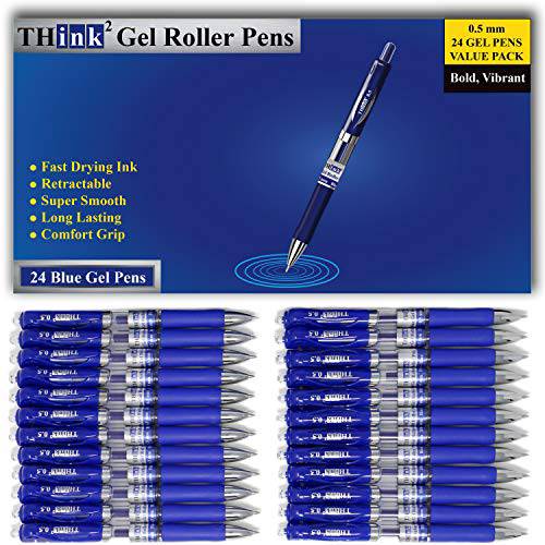 24 펜 - 블루 잉크 Think2 개폐식 젤 Pens. 24 블루 파인포인트팁, 가는 심, 가는 촉 0.5mm 롤러볼 Pens,펜 편안한 Grip.