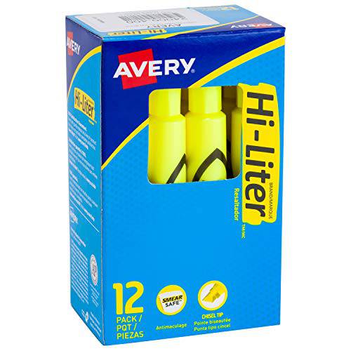 Avery Hi-Liter Desk-Style 형광펜, 번짐 세이프 잉크,  형광펜팁, 형광펜촉, 누운촉, 누운팁, 12 형광 Yellow 형광펜 (24000)
