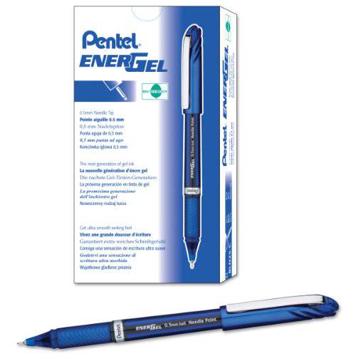 Pentel EnerGel NV 젤 잉크 펜, (0.5mm),  파인포인트팁, 가는 심, 가는 촉 Capped, 바늘 팁, 블루 잉크, 박스 of 12 (BLN25-C)
