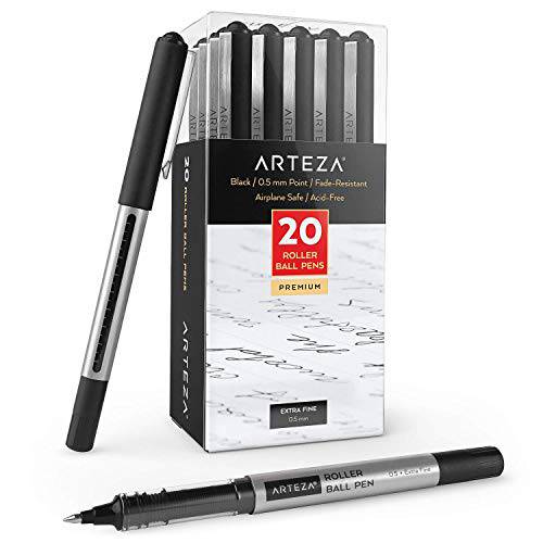 ARTEZA 롤러볼펜 Pens 볼펜, Pack of 20, 0.5mm Black 리퀴드액체 잉크 Pens 펜 for Bullet Journaling, 파인포인트팁 가는심 가는촉 롤러볼펜 for Writing 필기 노트 스케치