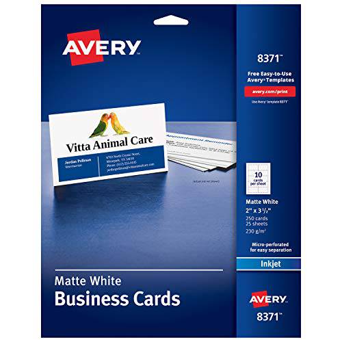 Avery 2 X 3.5 비지니스 카드 용지, 명함카드 용지 종이, Sure Feed Technology, 잉크젯 프린터용, 250개 카드 (8371), White