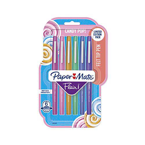 Paper Mate Flair 펠트 팁 Pens 펜, 미디엄 중간 심 (0.7mm) 한정판 사탕 캔디 팝 Pack, 6 Count