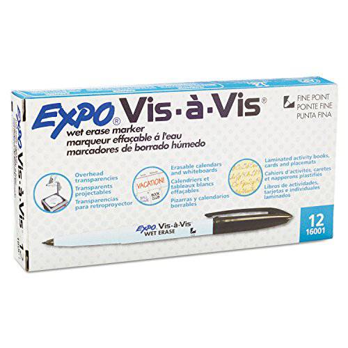 Expo Vis-a-Vis Wet-Erase 마커,  파인포인트팁, 가는 심, 가는 촉, 블랙 잉크, 12 (SAN16001)