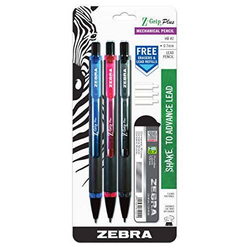 Zebra Pen Z-Grip 플러스 샤프, 샤프 펜슬, 0.7mm, 보너스 심 and 지우개, 다양한 배럴 컬러, 블루, 핑크, 블랙, 3 팩