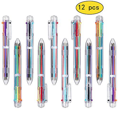 12 팩 다양한색 펜 0.5mm 6-in-1 개폐식 볼펜S, 6 컬러 투명 배럴 볼펜