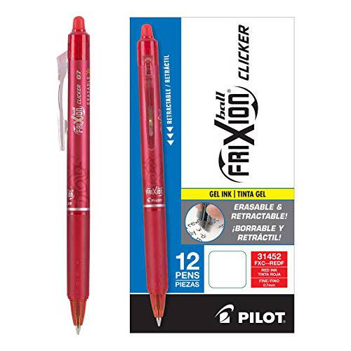 PILOT FriXion Clicker 지울 수있는 리필 가능 & 개폐식 젤 잉크 펜 Fine 포인트 Red Ink 12 카운트 31452