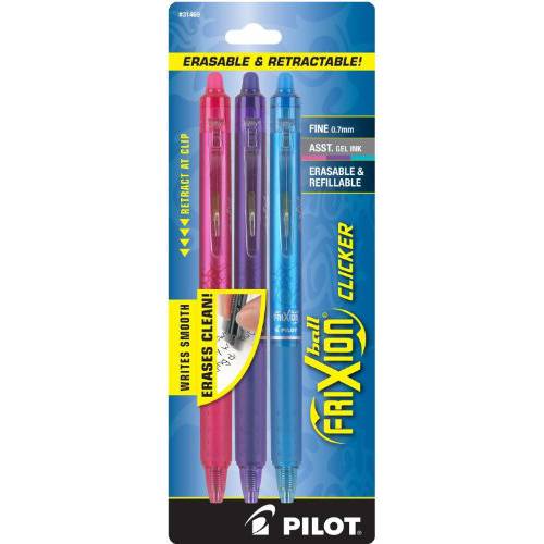 PILOT FriXion Clicker 지울수있는 리필가능 & 개폐식 젤 잉크 펜 Fine 포인트 핑크 보라색 Turquoise 잉크 3-Pack 31469