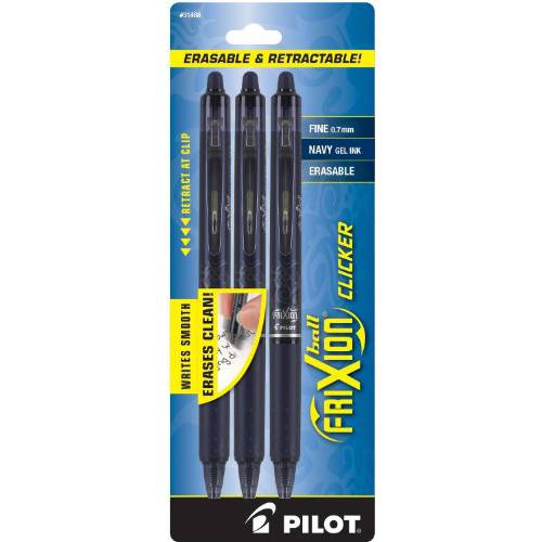 PILOT FriXion Clicker 지울수있는 리필가능 & 개폐식 젤 잉크 펜 Fine 포인트 해군 Blue 잉크 3-Pack 31468