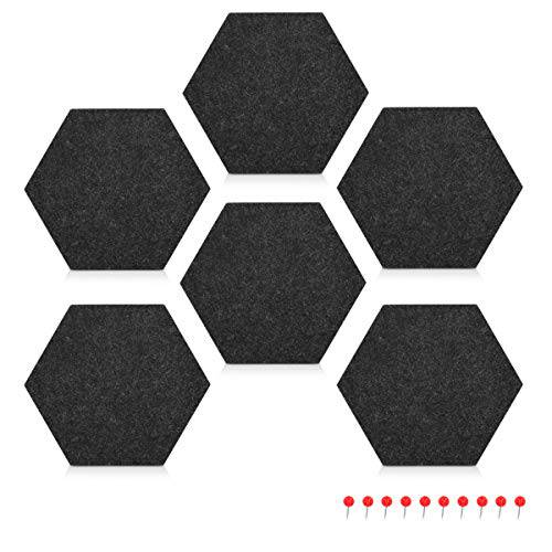 Navaris 육각형 펠트 보드 타일 - Set of 6 공지게시판 메모 게시판 보드 with 압정팩 5.9 X 7 Inches (15 X 17.7 cm) - Dark Grey