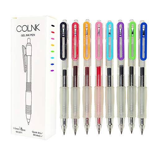 COLNK  개폐식 리퀴드 컬러 젤펜, 잉크펜, Fast-dry 일기,저널 플래너, 다이어리 펜 파인포인트팁, 가는 심, 가는 촉 드로잉 펜 0.5, 다양한 잉크, Pack-8 컬러