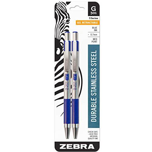 Zebra G-301 스테인레스 스틸 개폐식 젤펜, 잉크펜, 미디엄 포인트, 0.7mm, 블루 잉크, 2-Count