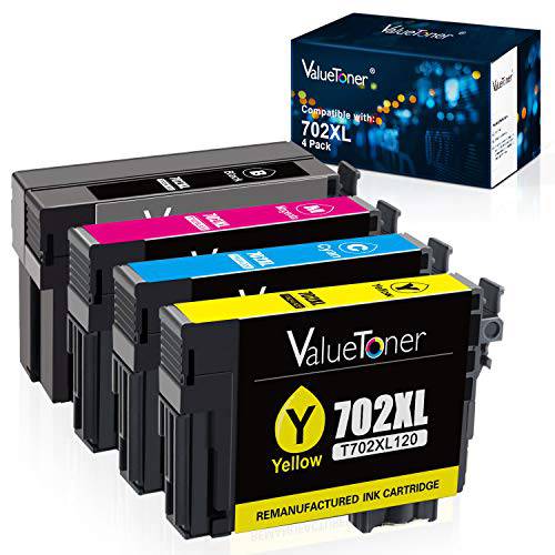 Valuetoner  재충전, 재생산 잉크 카트리지 교체용 Epson 702XL 702 XL Workforce 프로 WF-3733 WF-3720 WF-3730 프린터 (1 라지 블랙, 1 Cyan, 1 Magenta, 1 Yellow, 4 팩)