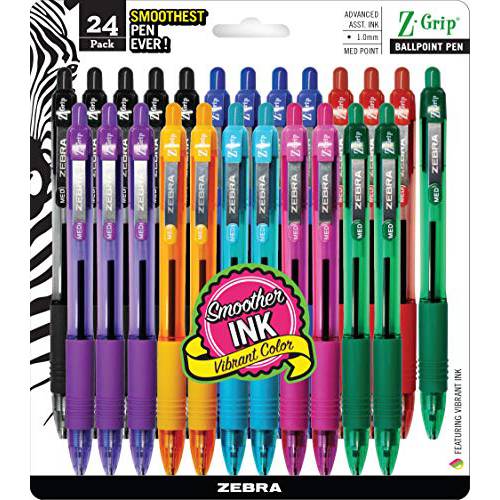 Zebra Pen Z-Grip 개폐식 볼펜, 미디엄 중간심, 1.0mm, 다양한 패션 컬러 - 24개 포장은다를수있습니다
