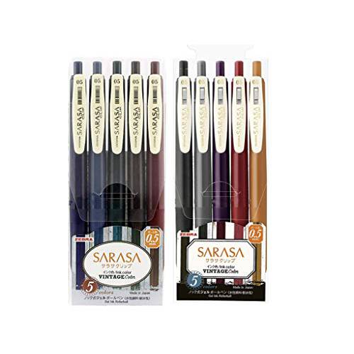 Zebra Sarasa Clip 0.5 개폐식 젤 잉크 펜, 러버 그립, 0.5 mm, 빈티지 컬러, 10 컬러 번들,묶음 (JJ15-5C-VI+ JJ15-5C-VI2)