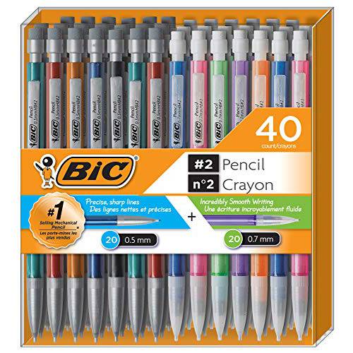 BIC 샤프 2 엑스트라 부드러운 종류,여러가지,다양한 벌크, 대용량 팩 of 40 샤프s 20 0.5mm with 20 0.7mm 기계식 LED 펜슬 다양한 컬러 배럴 프로페셔널 사무실 오피스 학교 Use.