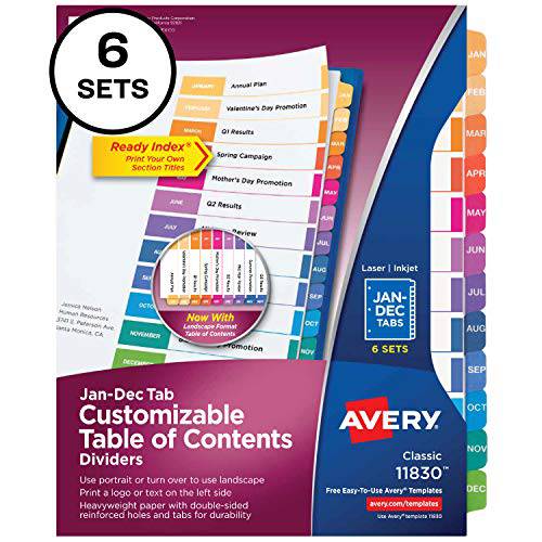 Avery 먼슬리 디바이더 3 링 바인더, 맞춤형 테이블 of Contents, 다양한색 탭, 6 세트 (11830)