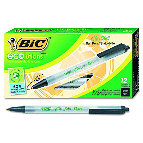 BIC Ecolutions Clic Stic 개폐식 볼펜, 미디엄 포인트 (1.0mm), 블랙, 12-Count