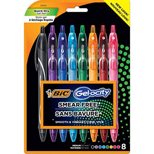 BIC Gel-ocity 퀵 드라이 (건조 Up To 3x 더빠른) 슈퍼 브라이트 컬러 8 팩, 번짐 프리, 다양한 컬러 개폐식 젤펜, 잉크펜, 미디엄 포인트 (0.7mm), Colorful 펜 성인 여성용&  남성용.