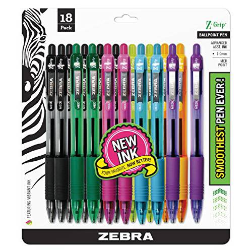 Zebra Pen Z-Grip 개폐식 볼펜, 미디엄 중간심, 1.0mm, 다양한 패션 컬러 - 18 Pieces