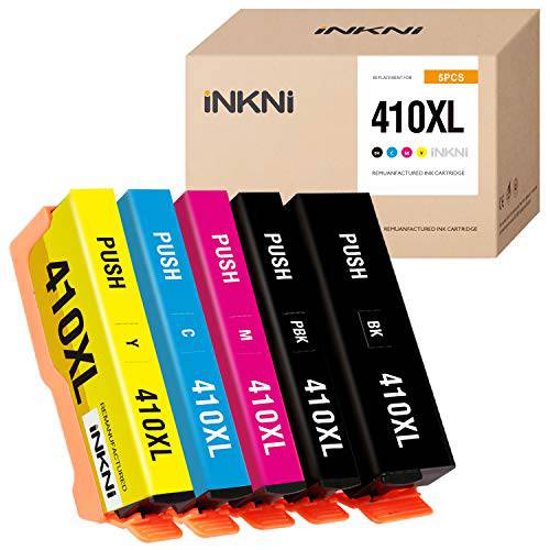 INKNI 재충전,재생산 잉크카트리지, 프린트잉크 교체용 Epson 410XL 410 XL T410XL Expression XP-7100 XP-830 XP-640 XP-630 XP-530 XP-635 프린터 (블랙, 포토 블랙, Cyan, Magenta, Yellow, 5-Pack)
