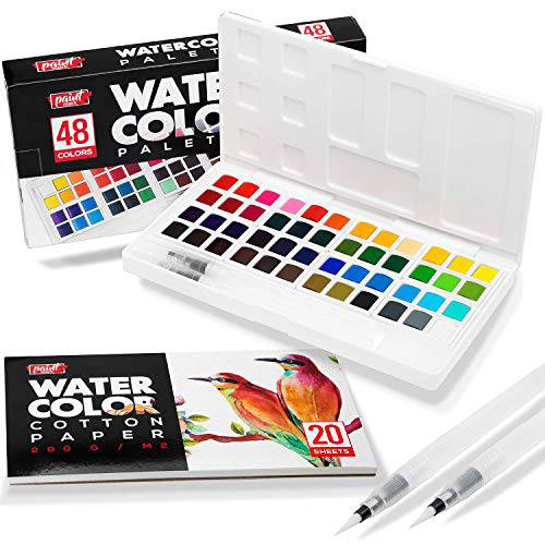 Paint Mark 48 수채화 페인트 세트 2 블렌딩 브러쉬 펜, 수채화 페인트 팔레트 포함 20 시트 워터 컬러 용지, 종이&  스토리지 케이스.