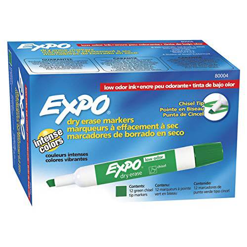 EXPO 80004 Low-Odor 냄새가 덜나는 보드마카, 화이트보드 마커, 마카 형광펜팁 형광펜촉 누운촉 누운팁, Green, 12-Count