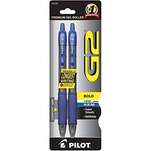 Pilot G2 개폐식 프리미엄 젤 잉크 롤러 볼펜,  굵은심, 2-Pack, 블루 잉크 (31251)