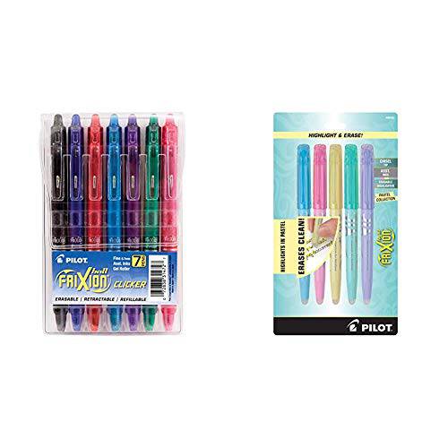 PILOT FriXion 클릭형 지워지는&  개폐식 젤 잉크 펜, 다양한 컬러 잉크, 7-Pack 파우치& FriXion 라이트 파스텔 콜렉션 지워지는 형광펜,  형광펜팁, 형광펜촉, 누운촉, 누운팁, 다양한 컬러 잉크, 5-Pack