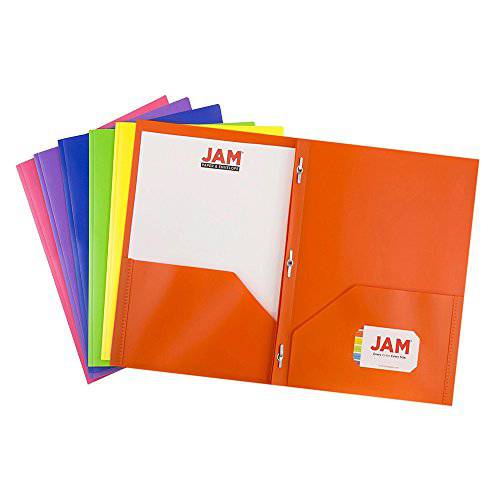 JAM Paper 헤비듀티 플라스틱 2 포켓 학교 팝 폴더,홀더,화일홀더 메탈 프롱 패스너 걸쇠 - 다양한 프리미엄 기본 컬러 - 6 팩